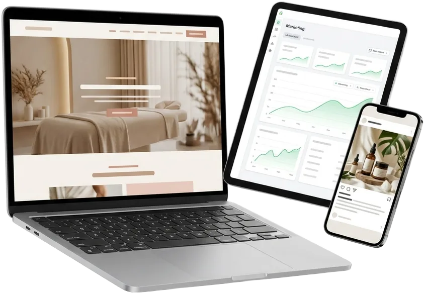 Aesthetic clinic website, marketing dashboard and social post shown on laptop, tablet and phone