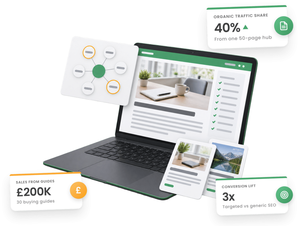 Content hub strategy results showing organic traffic and sales metrics